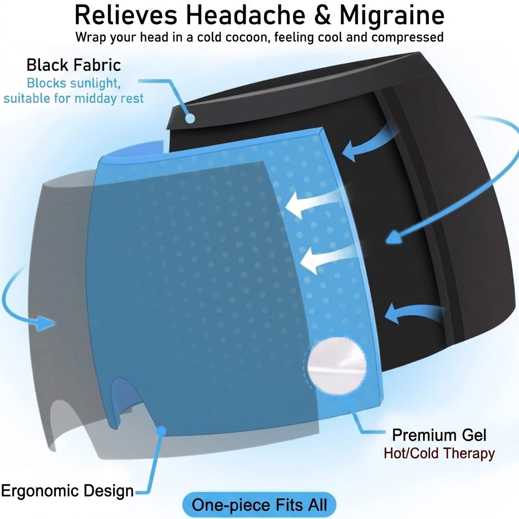 Black gel ice & hot compress head hood with thermal gel pack and one-piece fit diagram