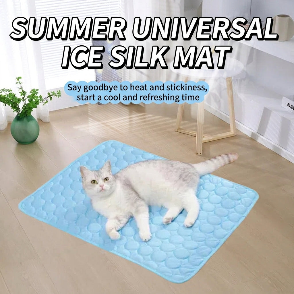 Sky blue pet cooling mat with dimple texture; cat lies diagonally on the mat