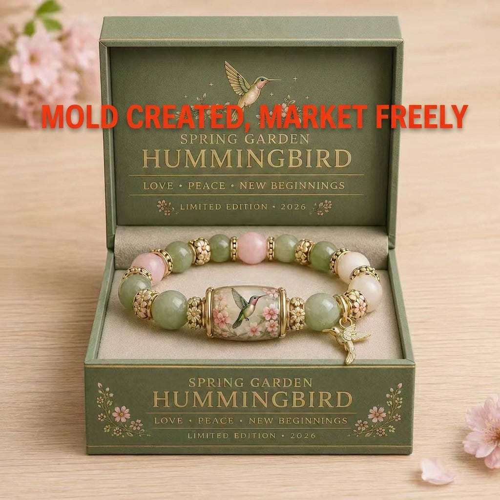 Spring garden hummingbird beaded elastic bracelet with pink, green, and white beads plus charm