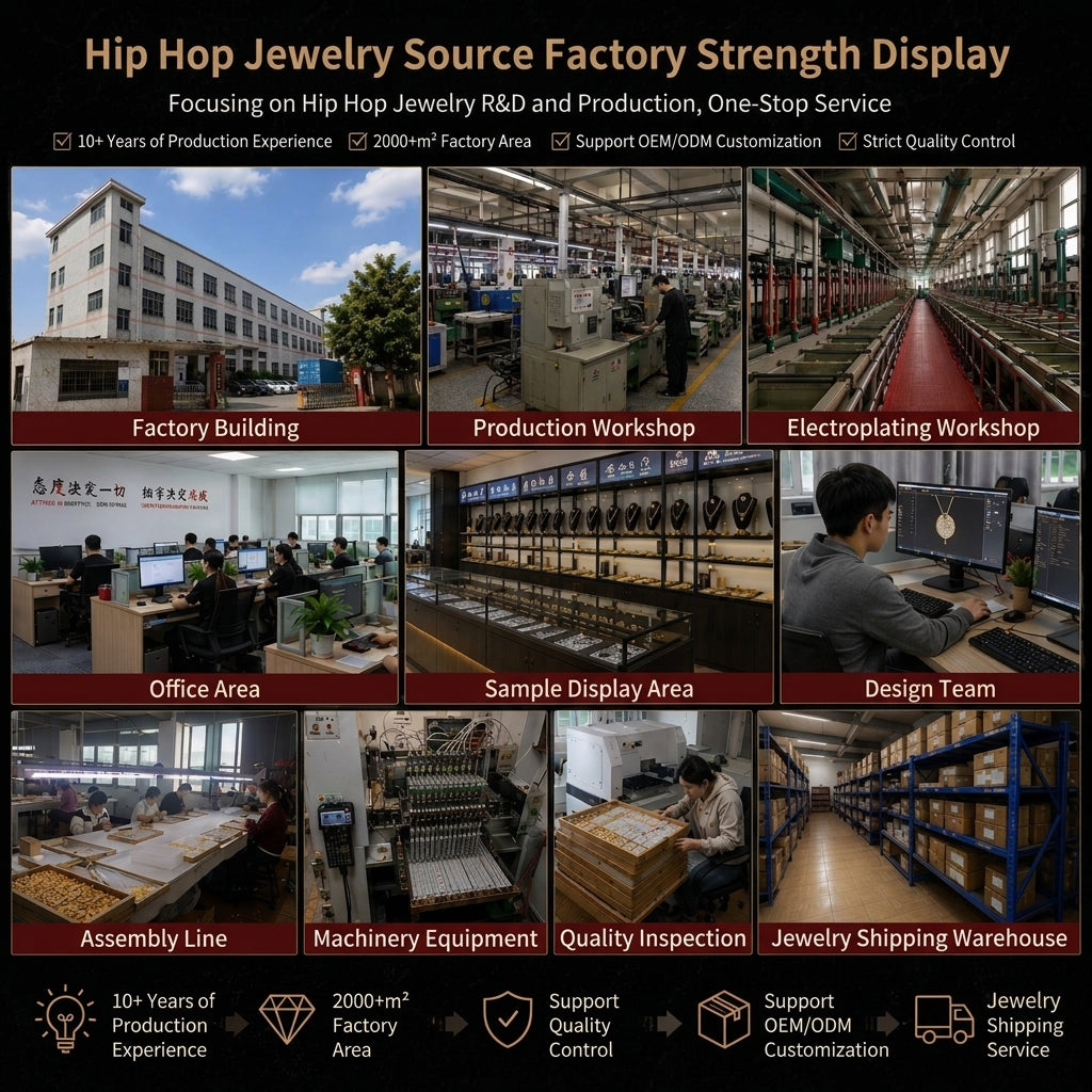 Hip hop jewelry factory strength display showing workshop, production, and quality areas