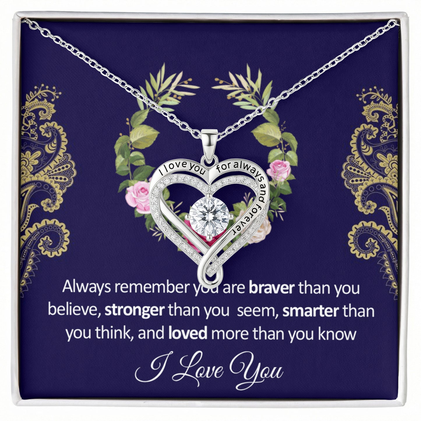 Heart CZ pendant necklace in silver-tone with hinged heart design and link chain
