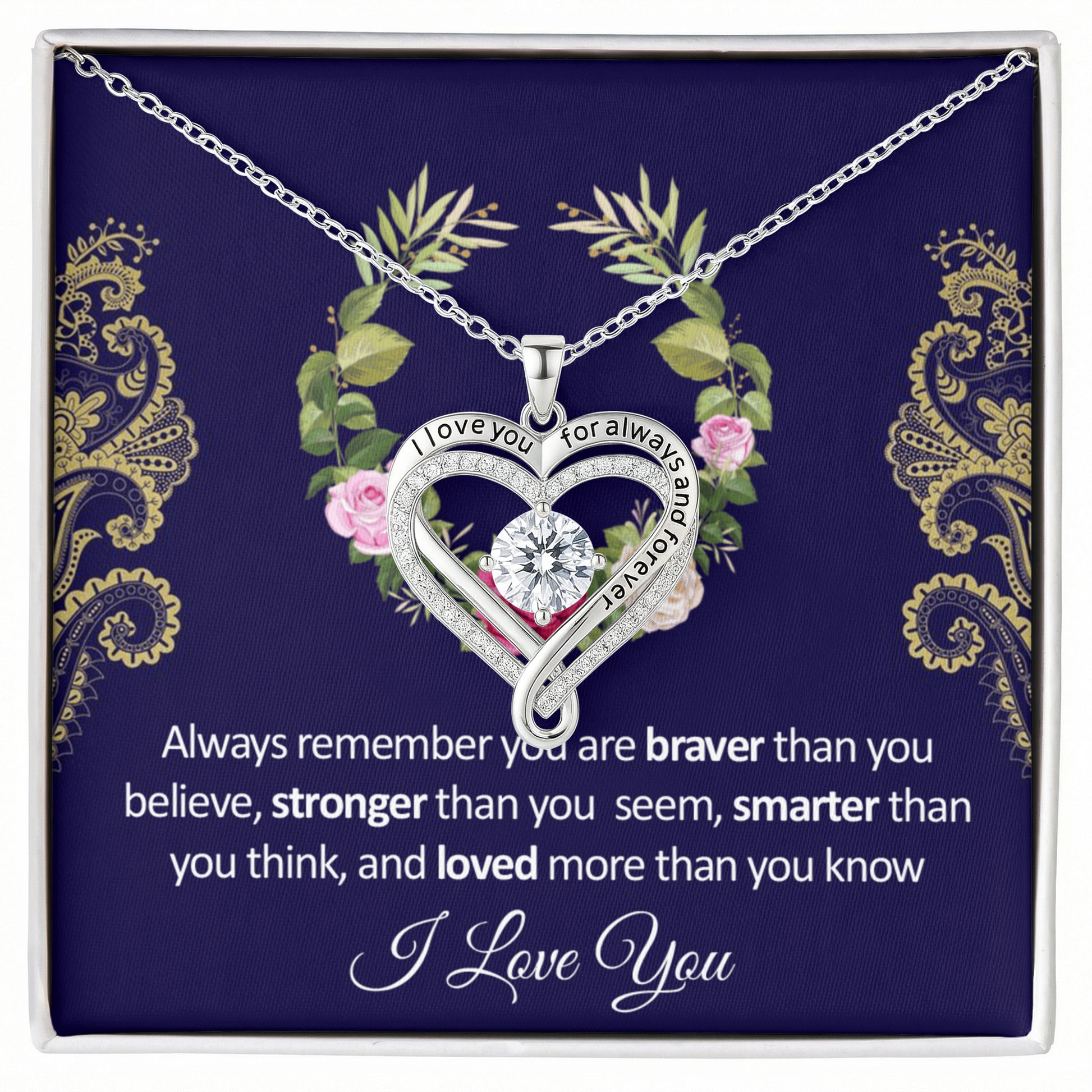 Heart CZ pendant necklace in silver-tone with hinged heart design and link chain