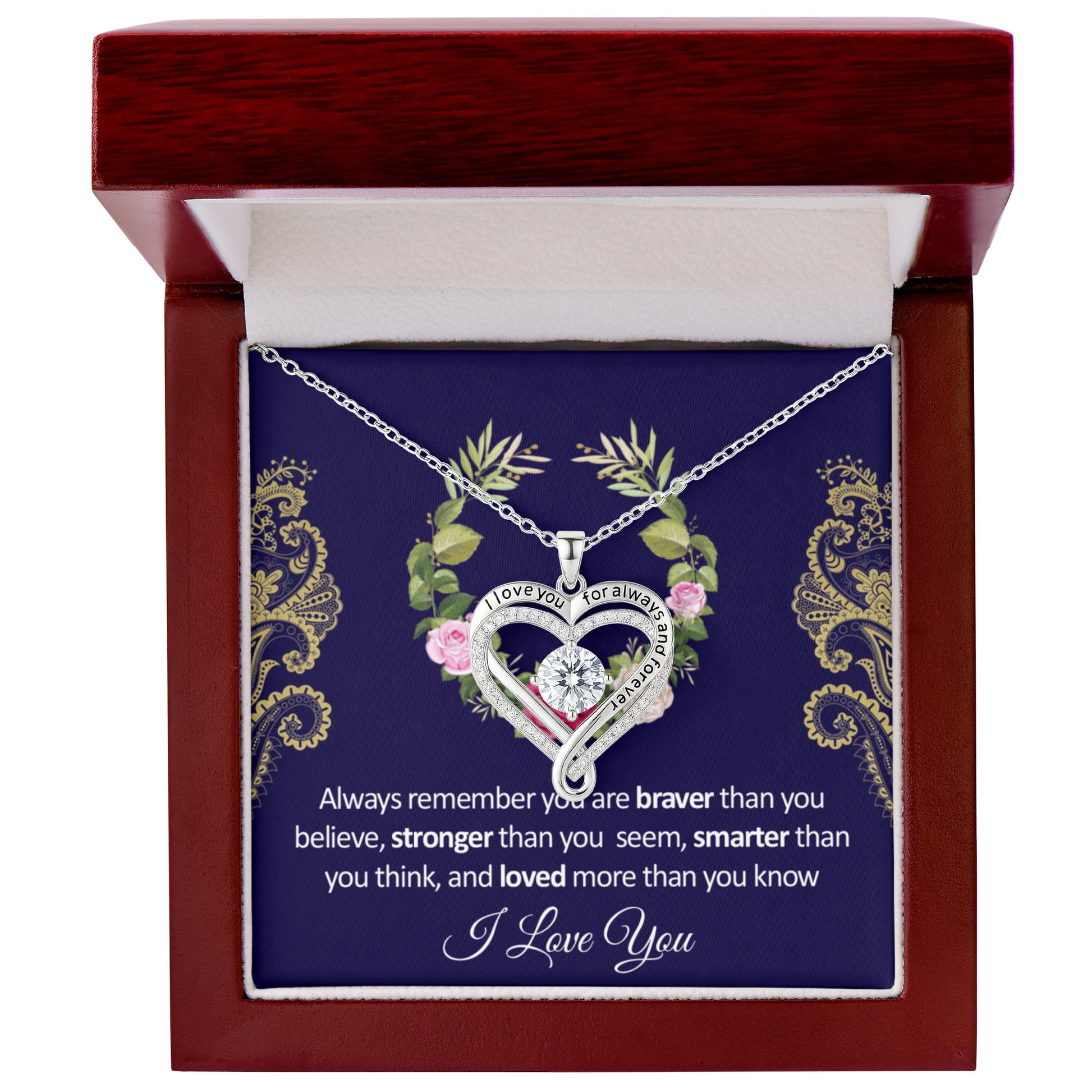 Heart CZ pendant necklace inside an open gift box, silver chain with floral wreath detail