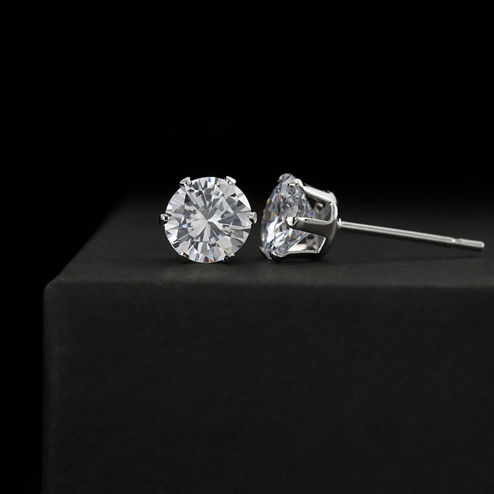 Round cubic zirconia stud earrings with 6mm clear stones in white-gold tone settings