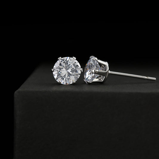 Round cubic zirconia stud earrings with 6mm clear stones in white-gold tone settings