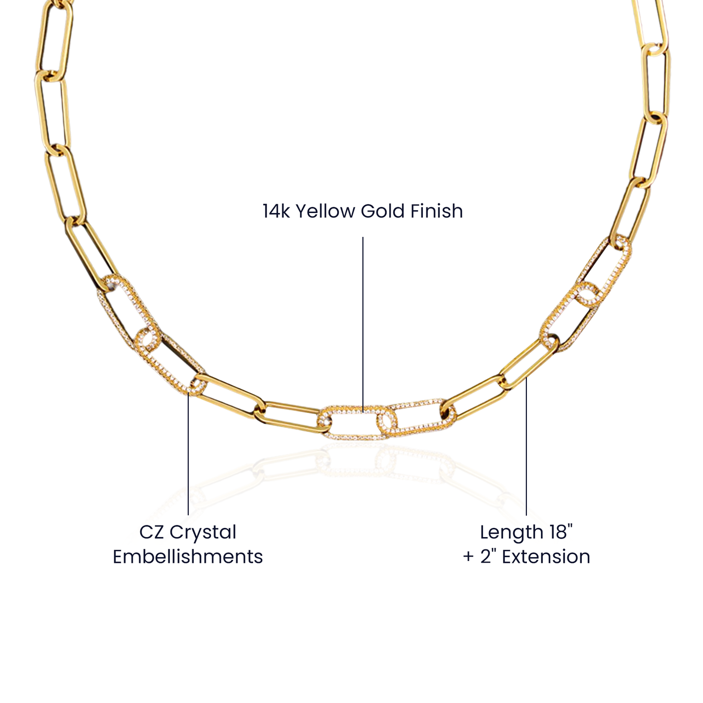 Gold paperclip chain necklace with CZ crystal embellishments, 18 in plus 2 in ext