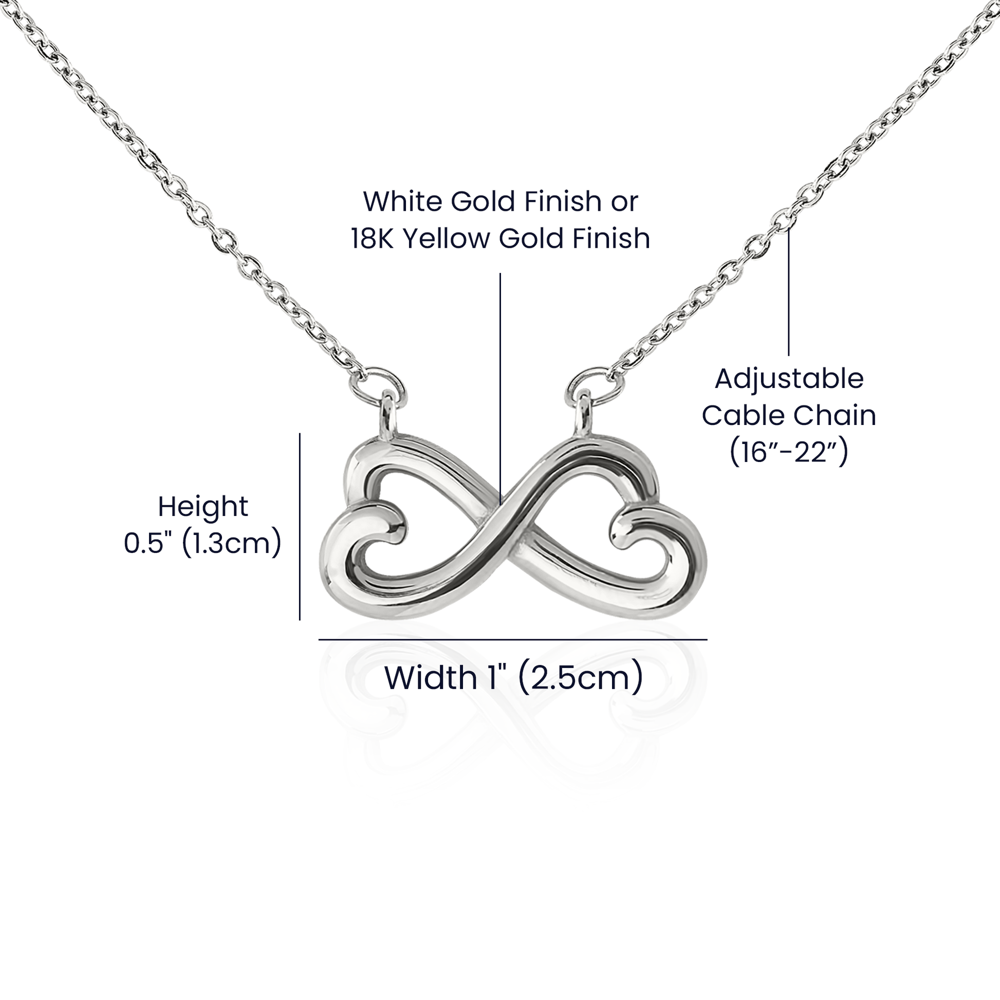 Silver infinity heart necklace pendant with cable chain, heart-shaped infinity design