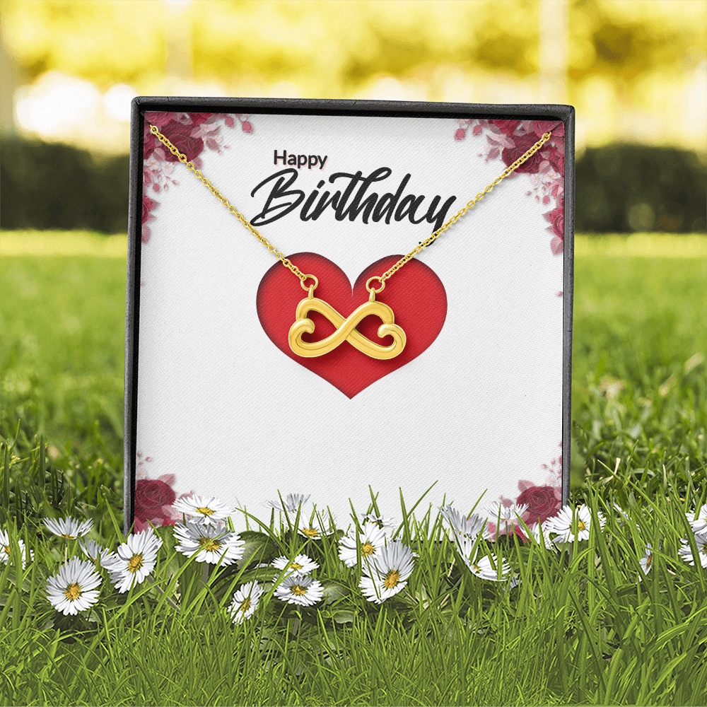 Gold infinity heart necklace with red heart pendant and thin cable chain