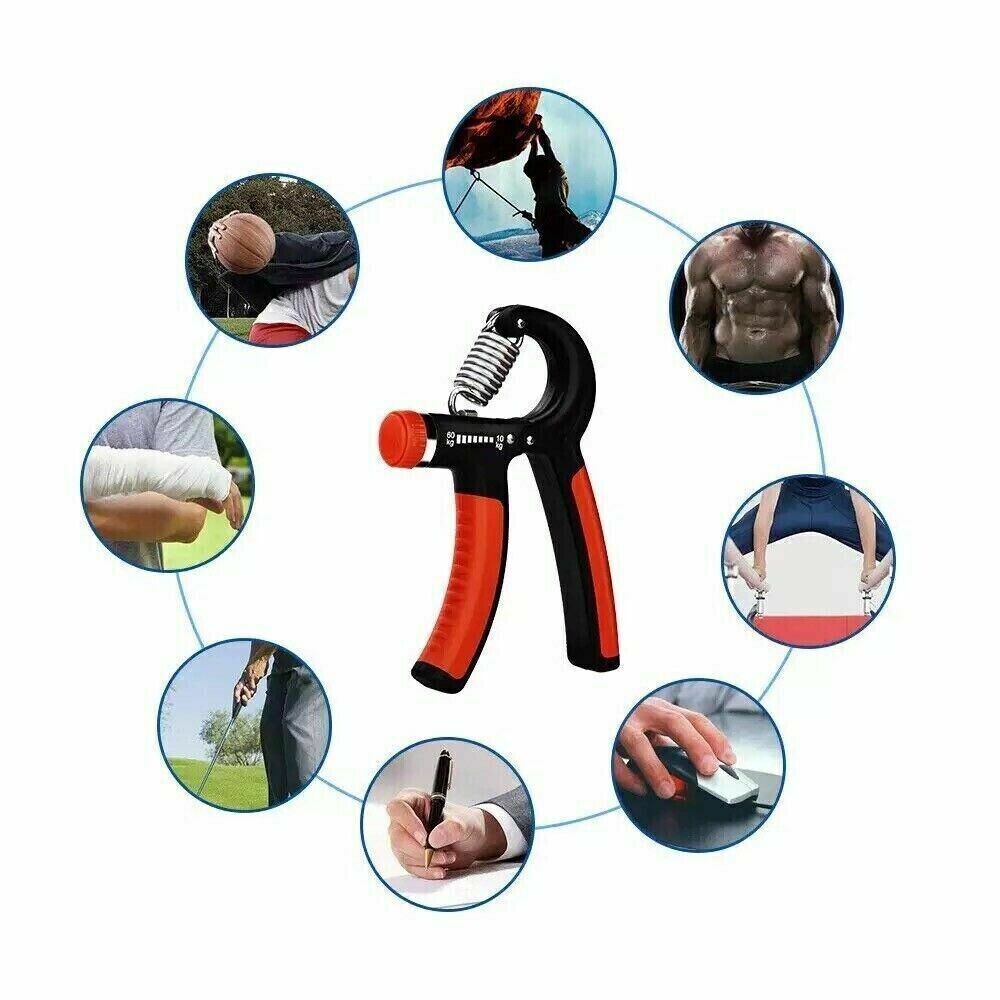 Hand grip strength trainer with black body, red handles, and coiled steel spring in the center