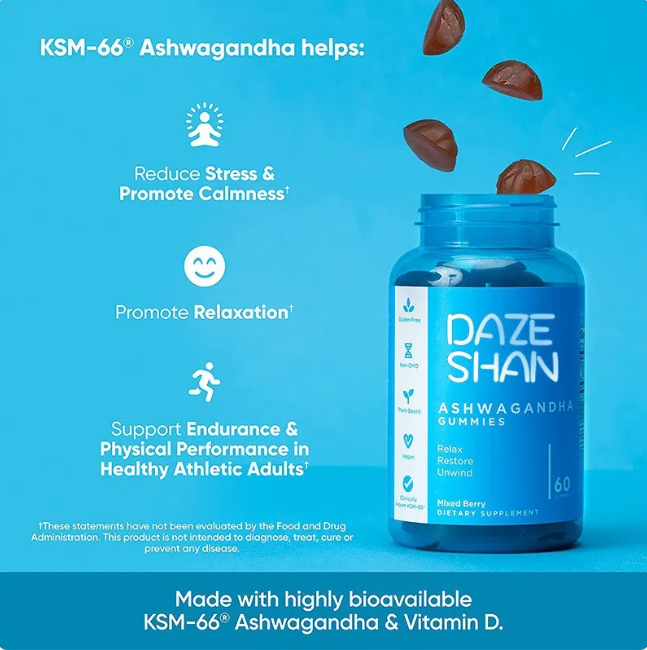 DAZE SHIN ashwagandha gummies bottle, blue with white cap, 60 count label