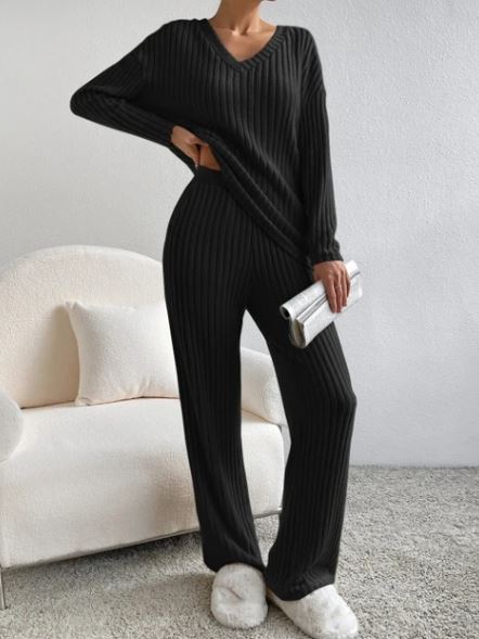 Black ribbed knit loungewear set: V-neck long-sleeve top and matching lounge pants