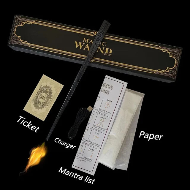 Magic wand toy with dark handle, pointing flame tip and gold Magic Wand banner card