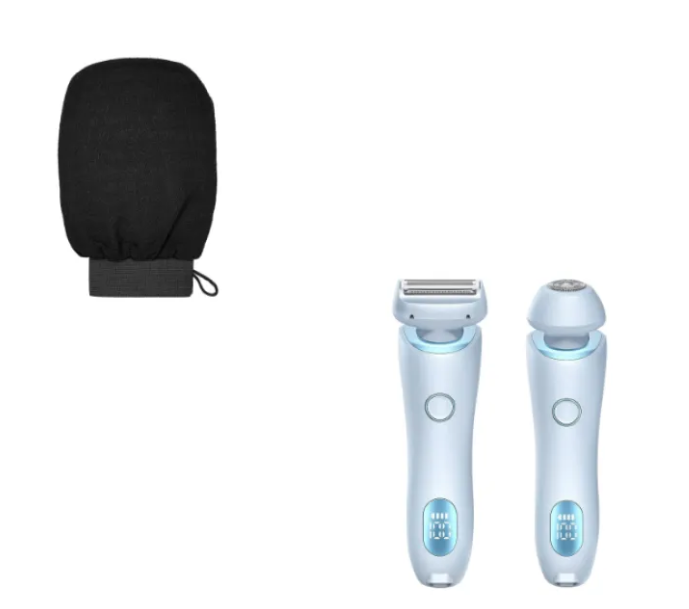 Electric duo body shaver set in light blue, with two shavers and a black zip pouch