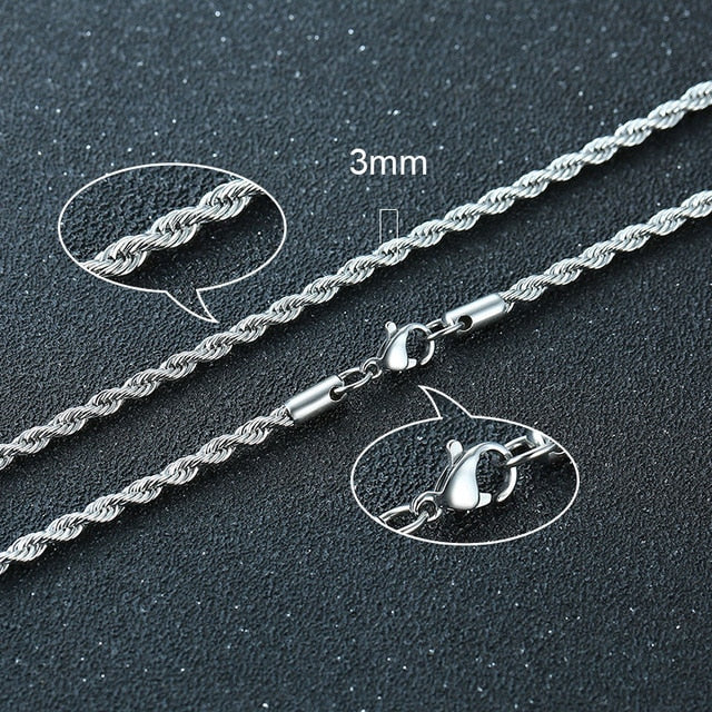 3mm twisted rope Figaro necklace, stainless chain with clasp hardware details