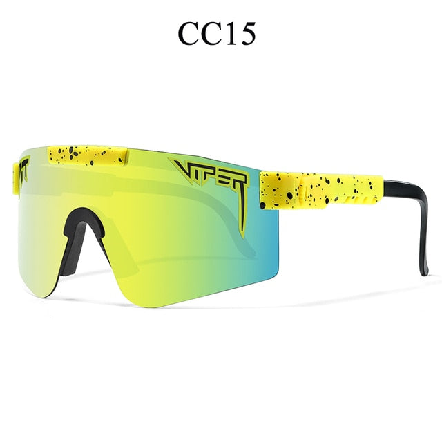 Women's sport sunglasses with yellow mirrored lenses and bright yellow speckled arms