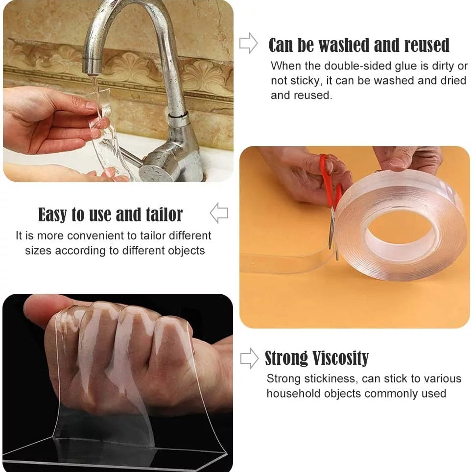 Double-sided transparent tape roll shown being handled and cut