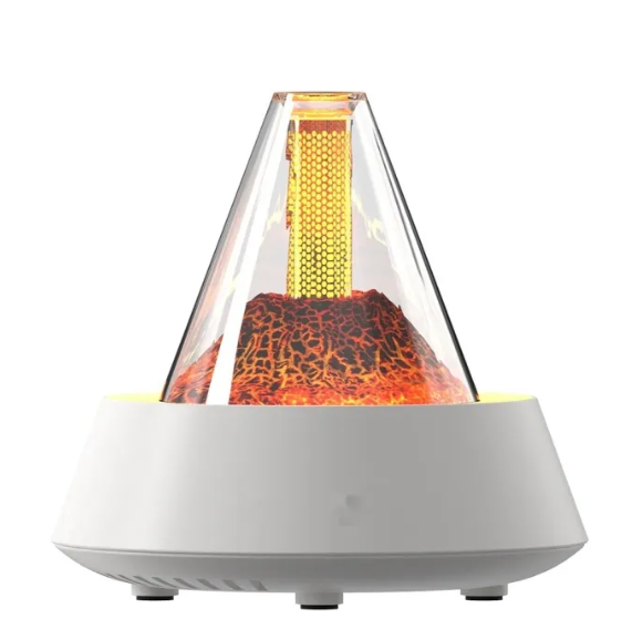 White humidifier with transparent cone lid and glowing amber lava-like core