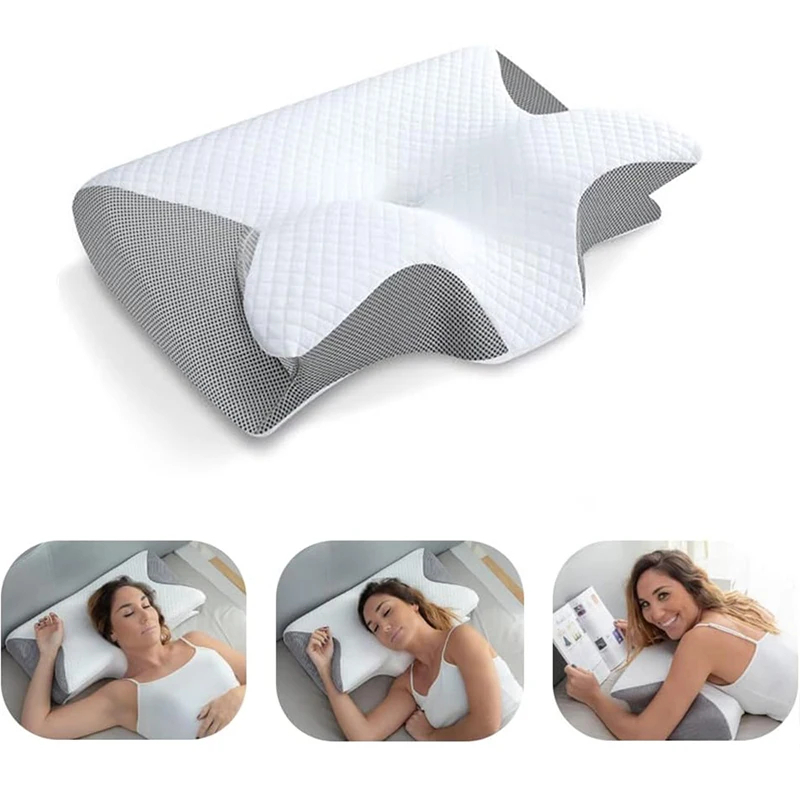 Memory foam cervical neck pillow, white top with gray side mesh and contoured cutouts