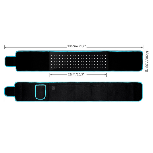 Infrared therapy waist belt with dotted LED panel, blue-trim black fabric