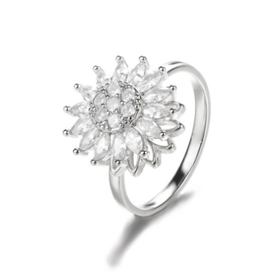 Silver sunflower fidget ring showing rotating petal design and crystal center