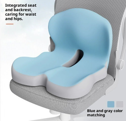Memory foam backrest cushion, blue and gray color blocking on office chair
