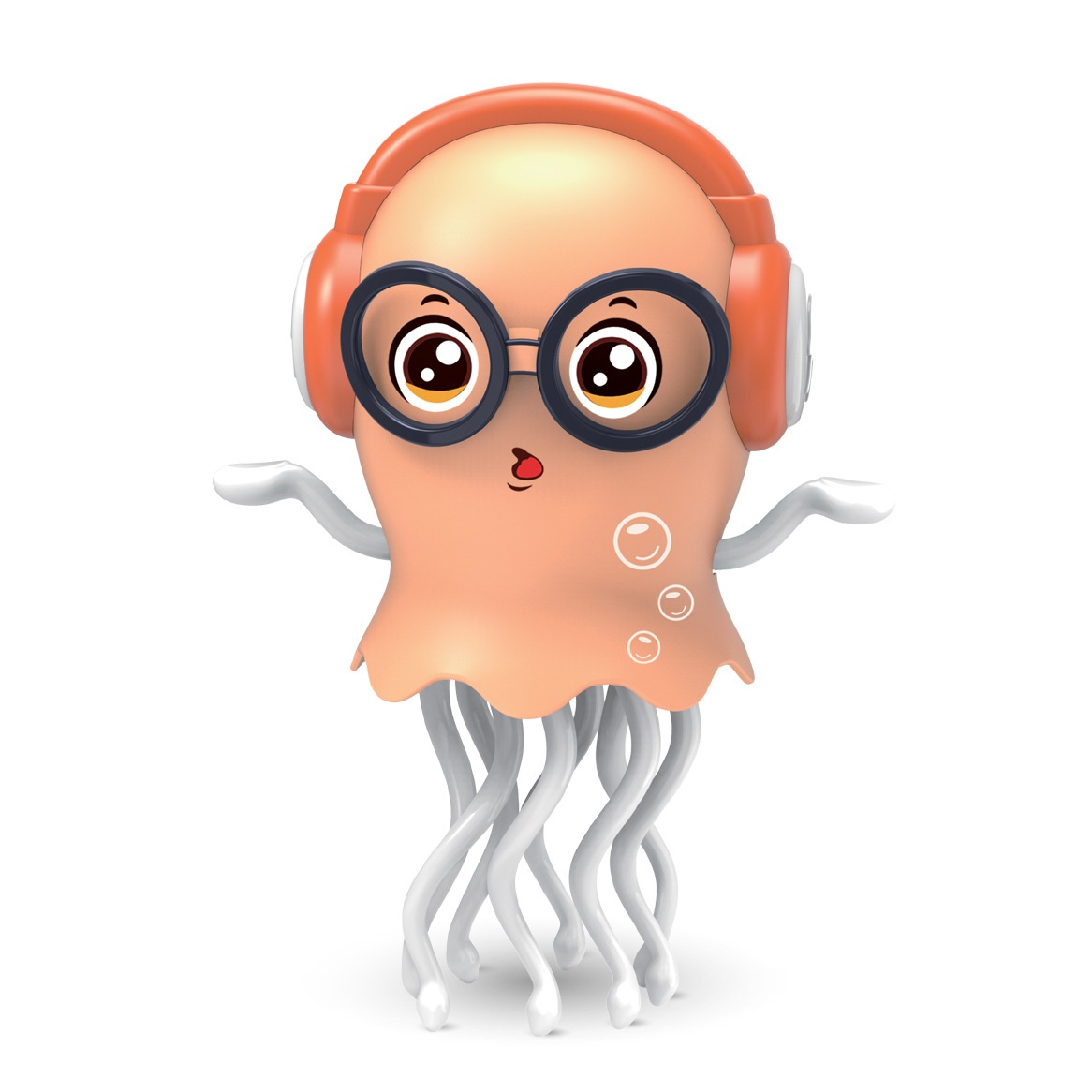 Orange dancing jellyfish toy with round goggles and over-ear headphones.