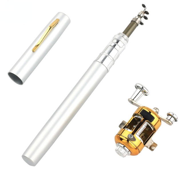 Compact pocket fishing rod set with white rod sleeve and gold mini baitcasting reel