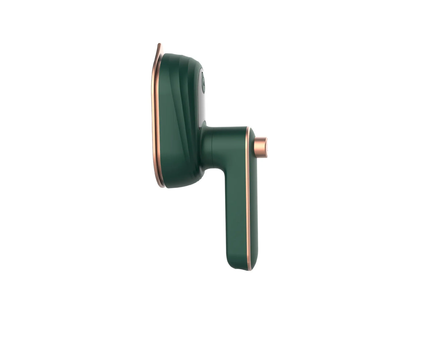 Dark green mini steam iron with pointed soleplate and top control