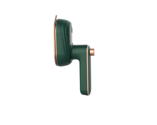 Dark green mini steam iron with pointed soleplate and top control