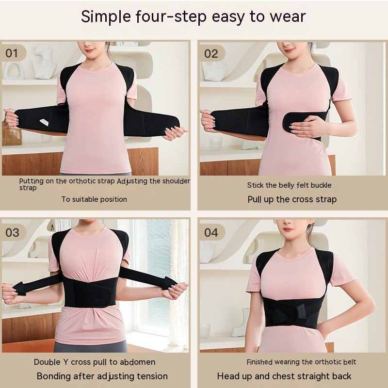 Unisex posture corrector back brace on model during step-by-step fitting