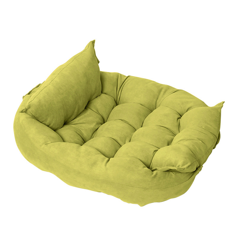Foldable pet nest sofa bed in green-yellow with tufted center and padded side bolsters
