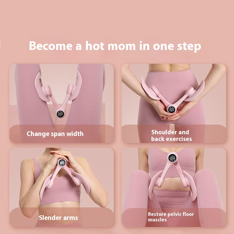 Pelvic floor muscle trainer instruction collage with pink device in use