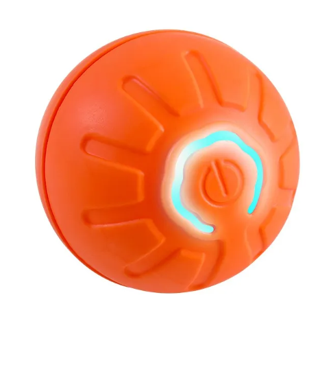 Orange smart pet toy ball with glowing power LED ring and icon