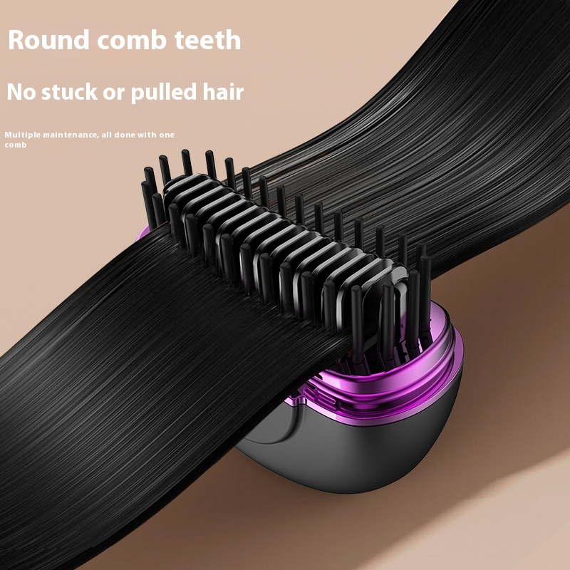 Portable ceramic hair straightener showing black round comb teeth over purple base