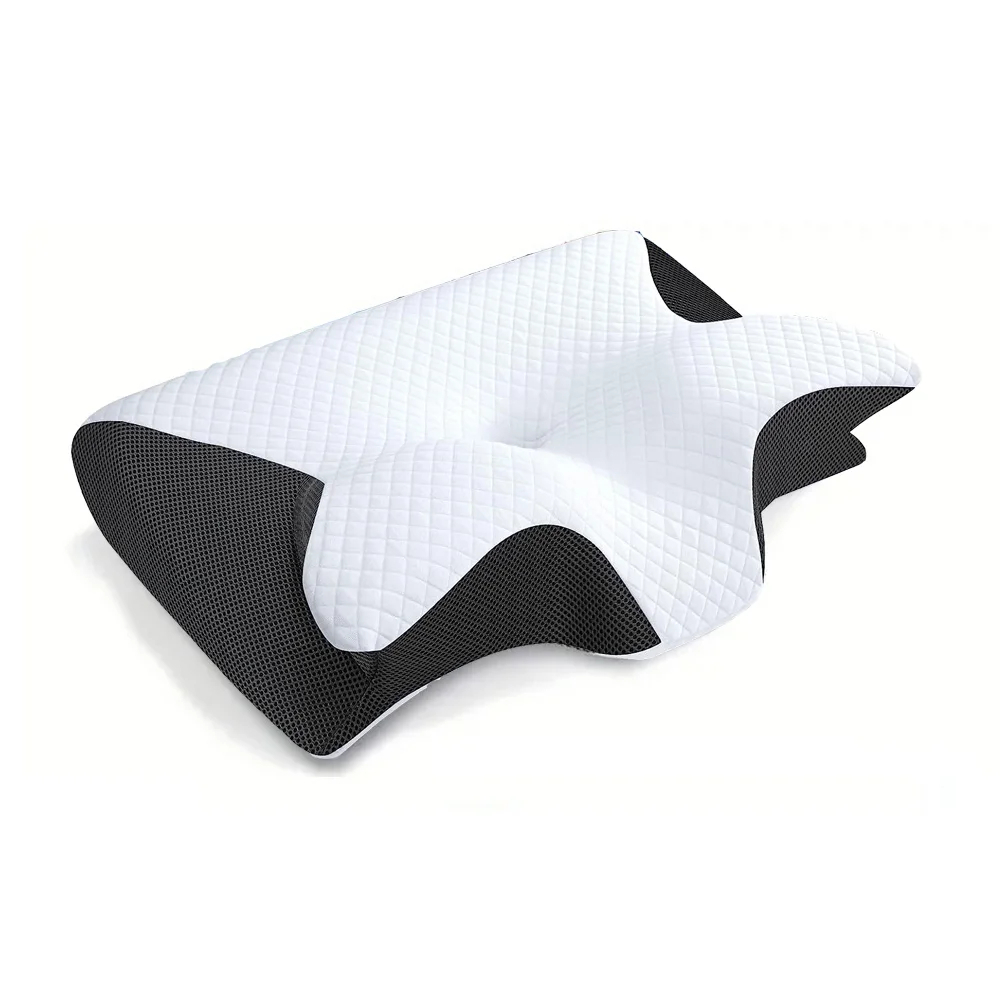 Memory foam cervical neck pillow, white top with black side mesh and contoured cutouts