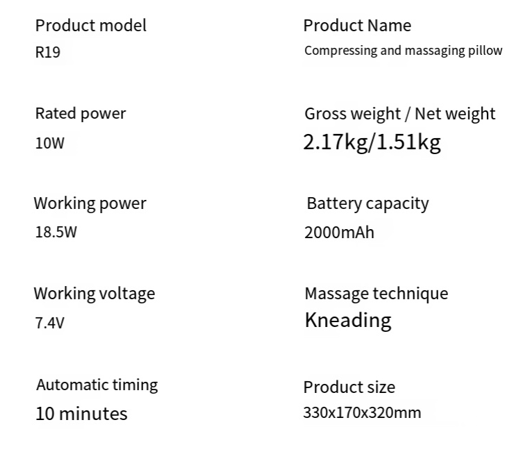 Massage pillow specifications chart with model, power, voltage, and size details