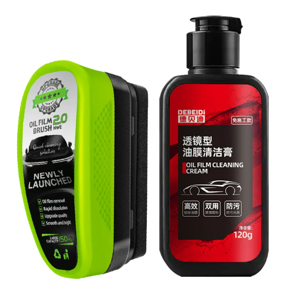 Car glass oil film remover set: neon-green brush and red cream bottle with pump