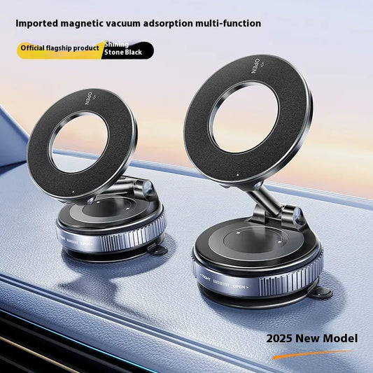 Black magnetic car phone mount with circular magnetic holders and rotating suction base
