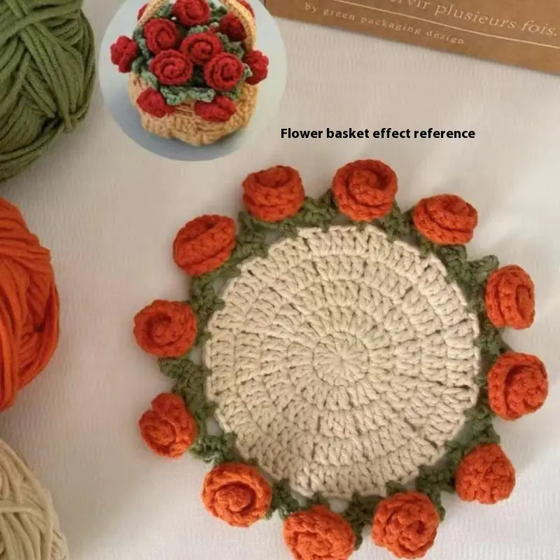 Crocheted coaster with cream center and orange rose-like crochet flower border