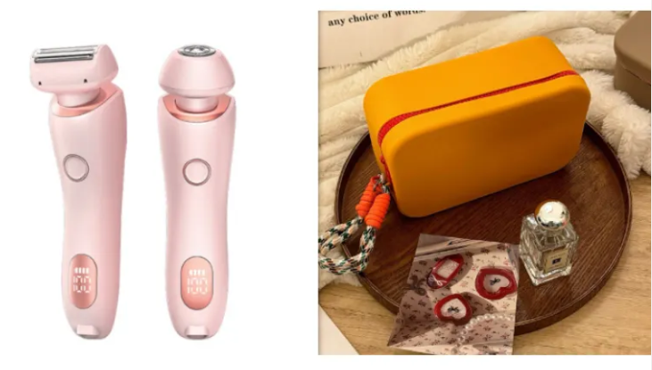 Pink electric body shaver duo with small travel pouch on a wooden tray