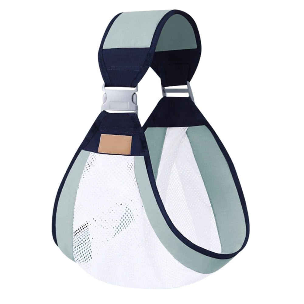 Adjustable baby shoulder carrier sling with green pouch and navy straps, full outline.