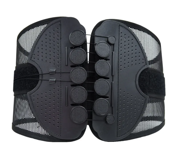 Lumbar support belt with black mesh panels and round pressure pads on backing