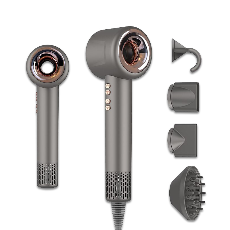 Grey hair dryer with copper ring nozzle and diffuser plus concentrator attachments
