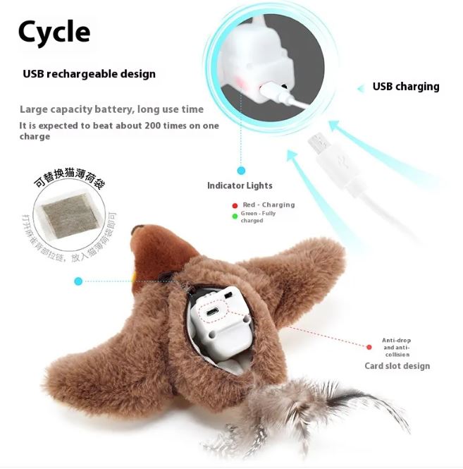 USB rechargeable plush bird cat toy with charging module on underside