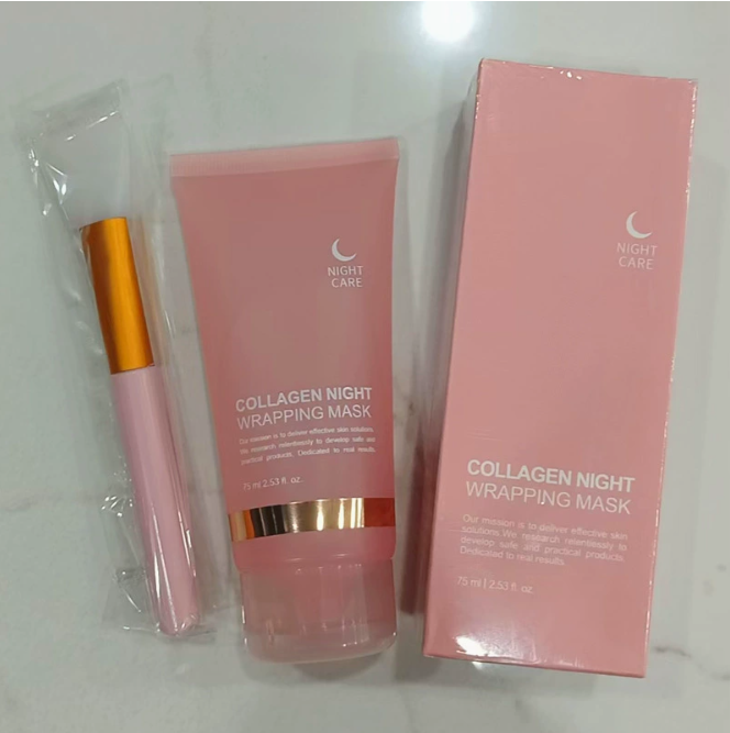 Collagen night wrapping mask set: pink tube, gold brush, and boxed package