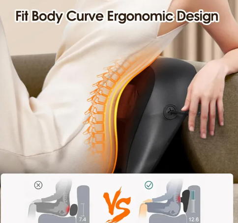 Black ergonomic neck and shoulder massage pillow with warm orange heat arc