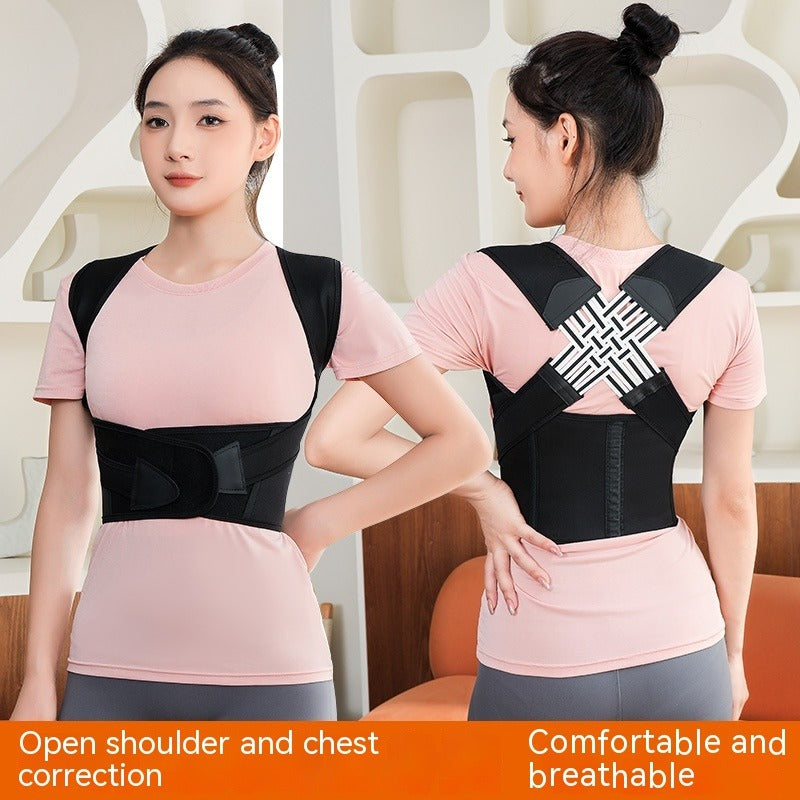 Unisex posture corrector worn on model: black brace under pink shirt