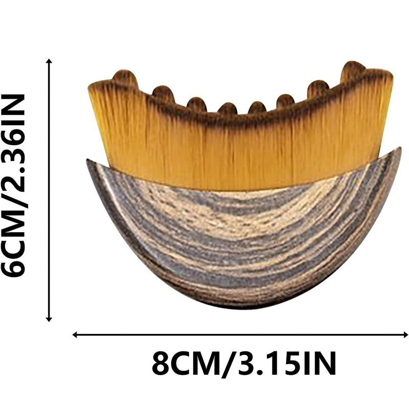 Curved wooden facial massage brush head with ridged bristles, measurement graphic