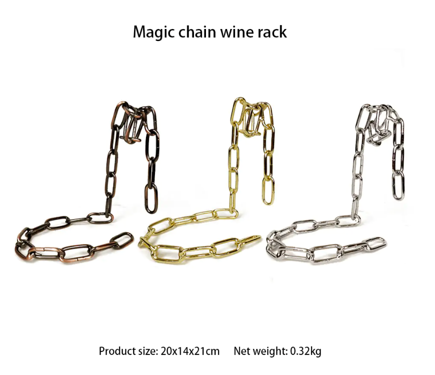 Wine bottle chain holder set with black, gold, and silver-toned chain styles