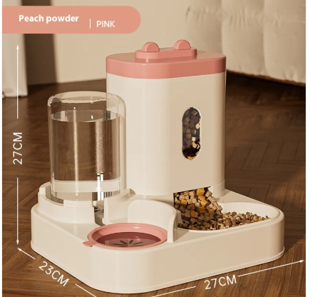 Automatic 2-in-1 pet feeder in pink and white with clear water tank and food bowl